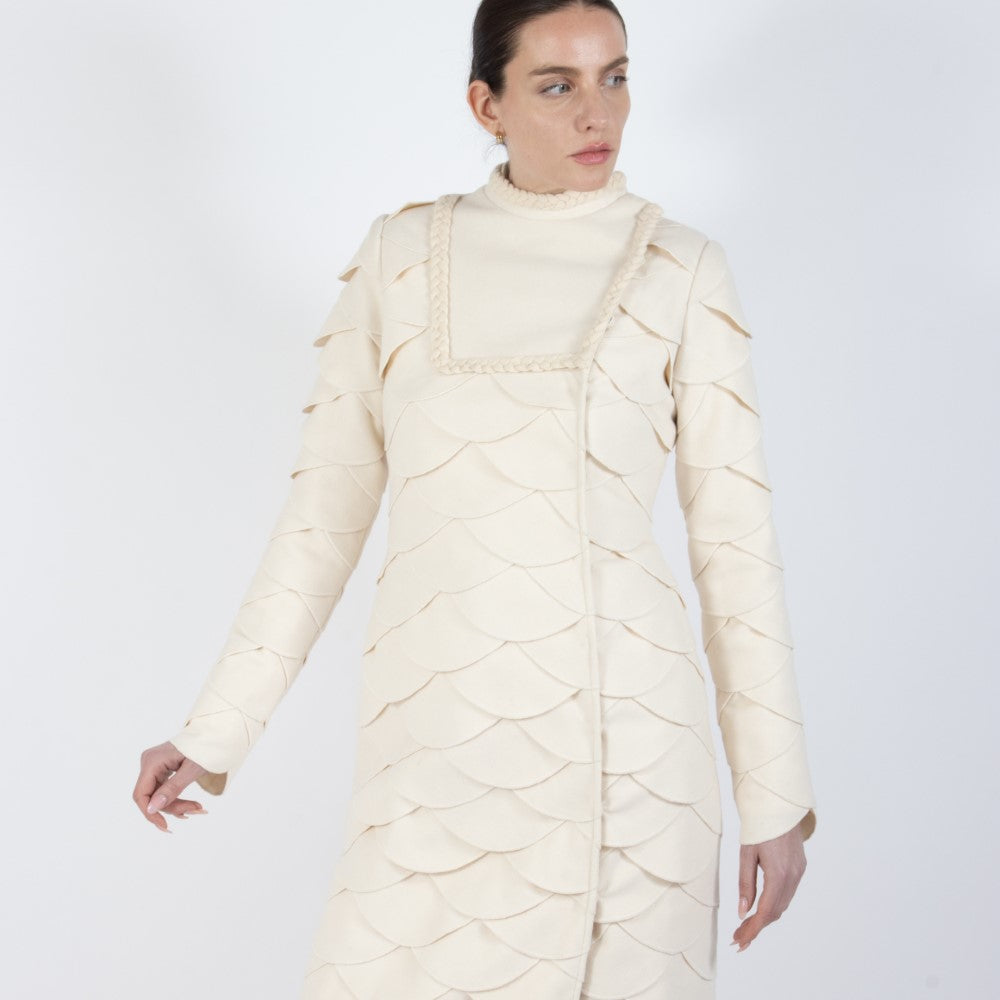 Ecru White Lumiere Scalloped Wool Overcoat
