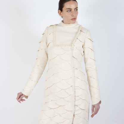 Ecru White Lumiere Scalloped Wool Overcoat