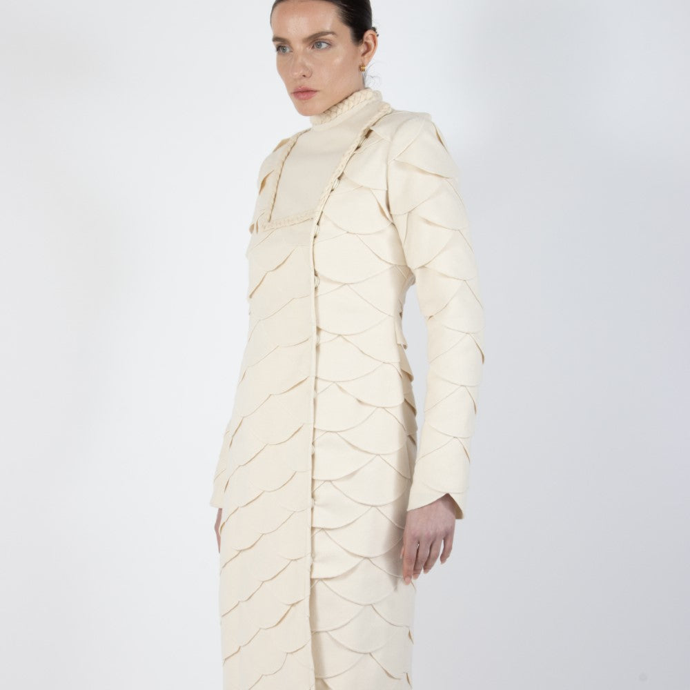 Ecru White Lumiere Scalloped Wool Overcoat