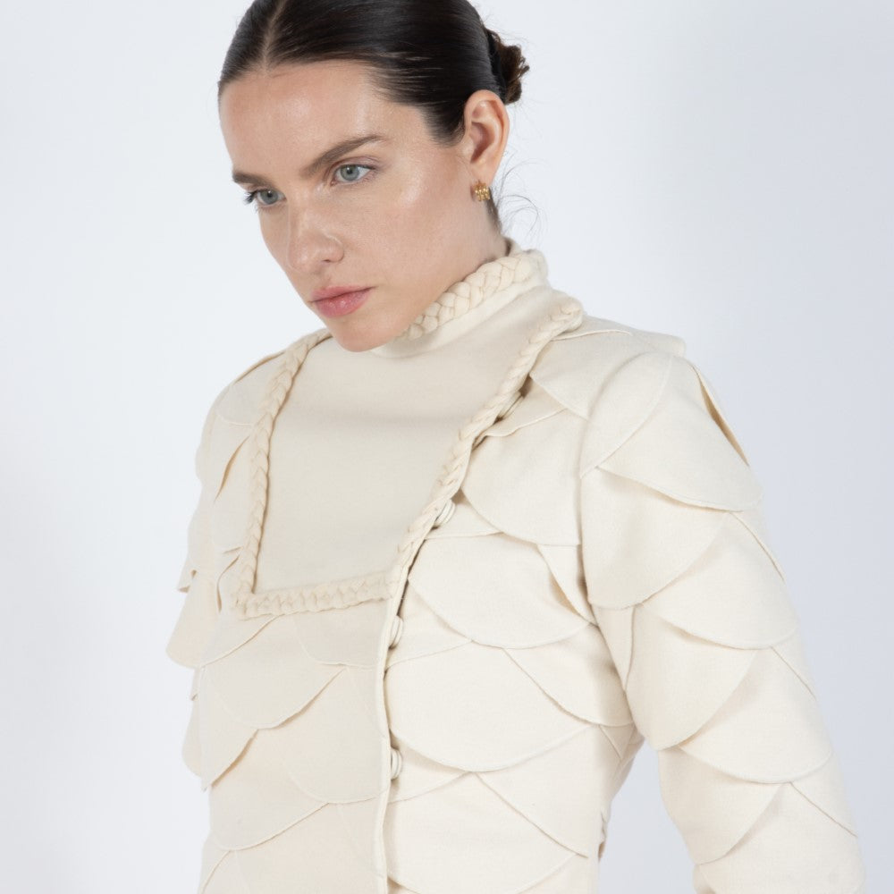 Ecru White Lumiere Scalloped Wool Overcoat