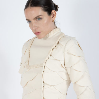 Ecru White Lumiere Scalloped Wool Overcoat