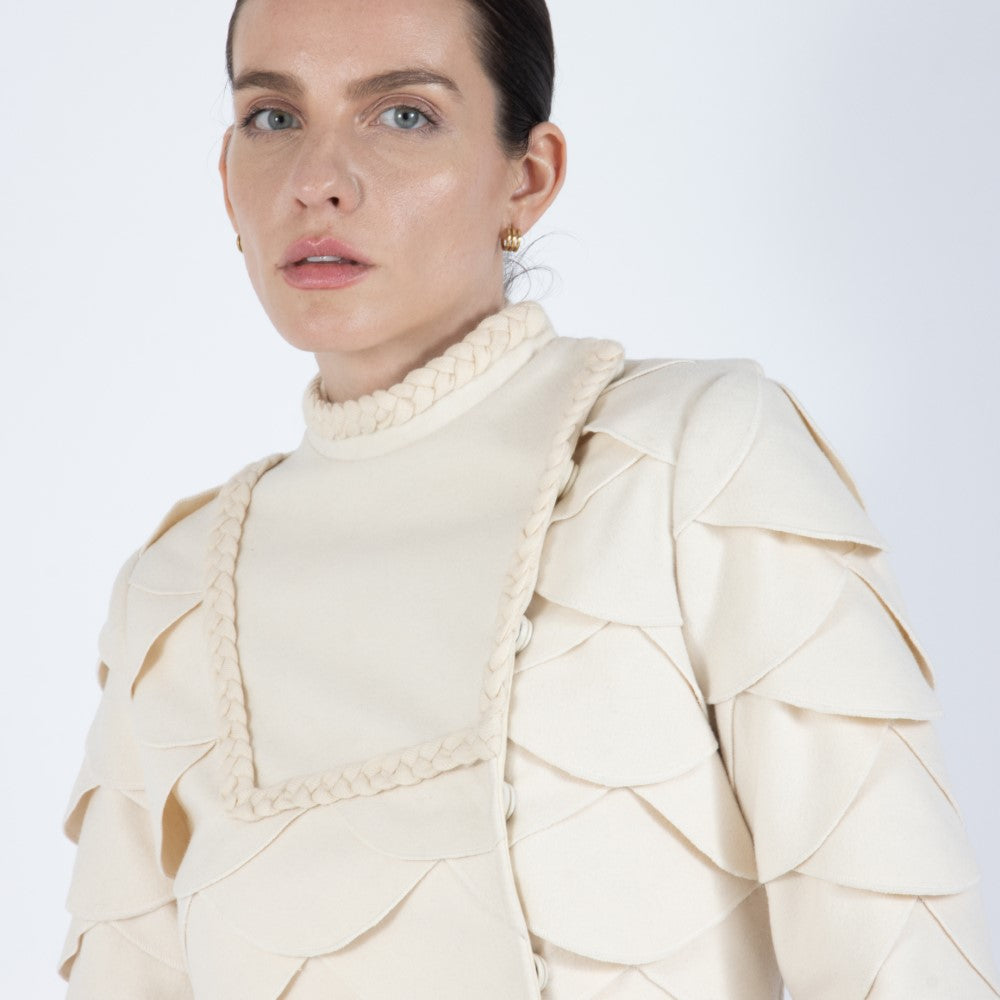 Ecru White Lumiere Scalloped Wool Overcoat