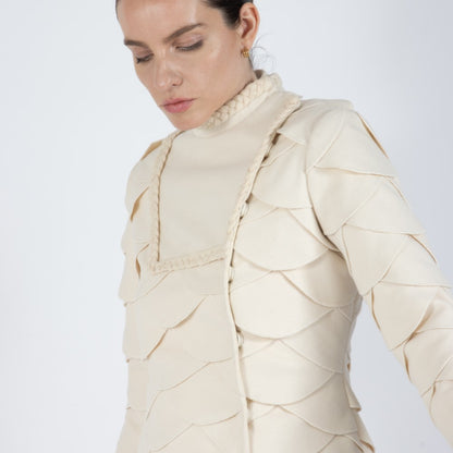 Ecru White Lumiere Scalloped Wool Overcoat