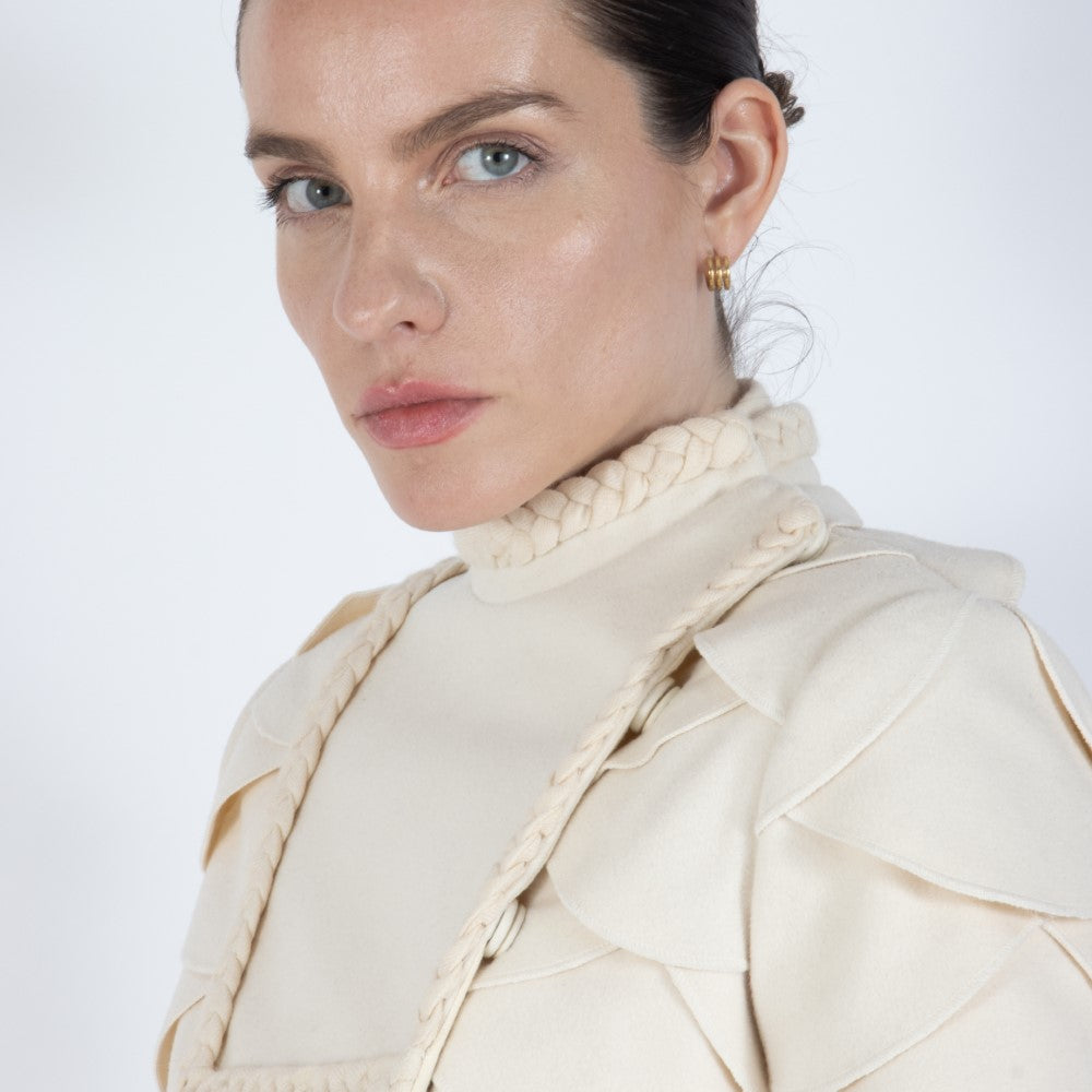 Ecru White Lumiere Scalloped Wool Overcoat