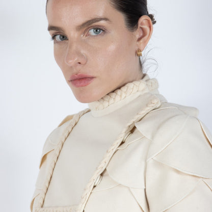 Ecru White Lumiere Scalloped Wool Overcoat