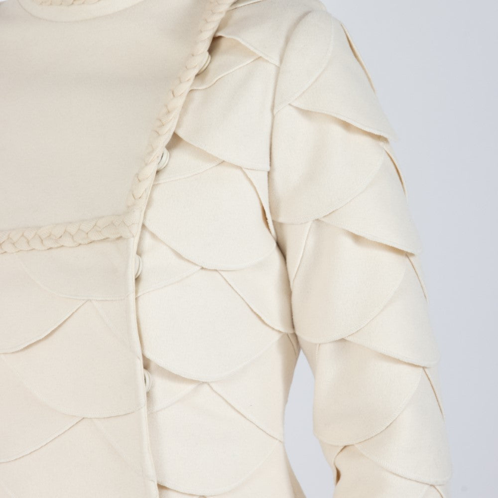 Ecru White Lumiere Scalloped Wool Overcoat