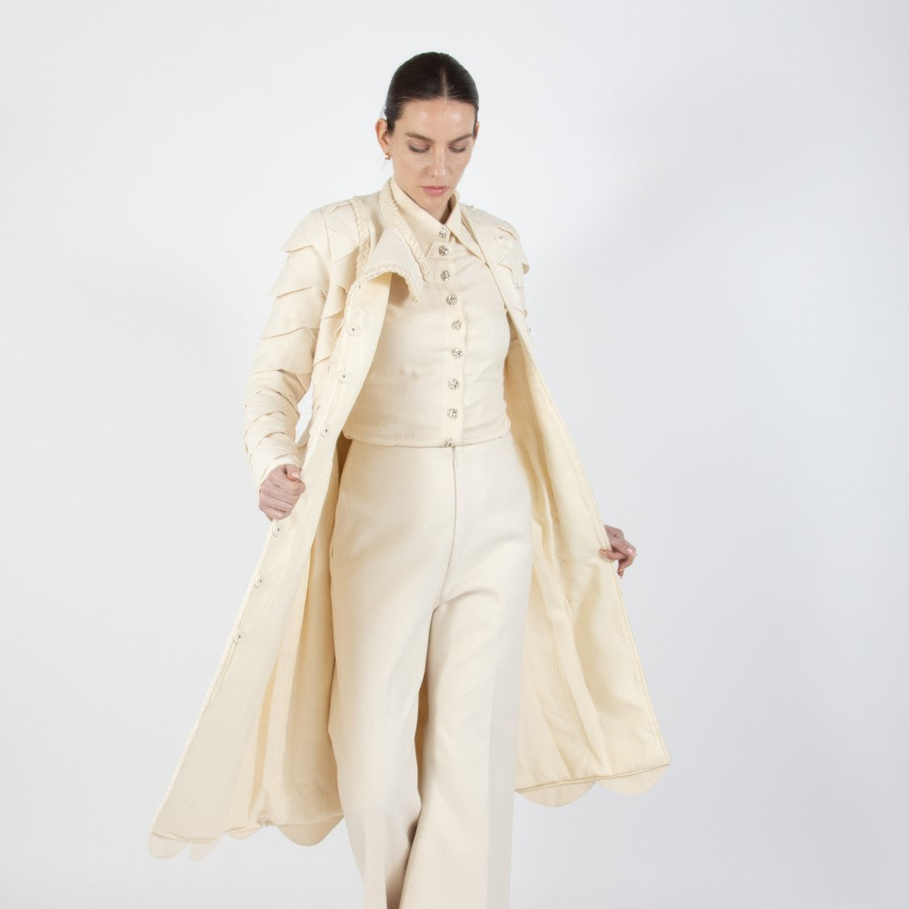 Ecru White Lumiere Scalloped Wool Overcoat