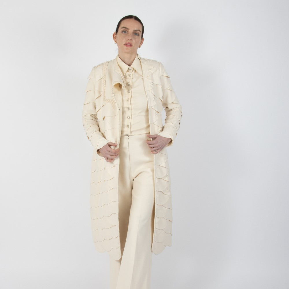 Ecru White Lumiere Scalloped Wool Overcoat