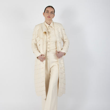Ecru White Lumiere Scalloped Wool Overcoat