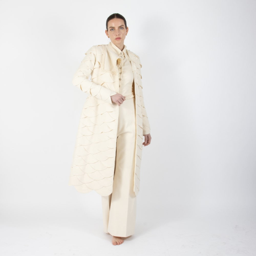 Ecru White Lumiere Scalloped Wool Overcoat