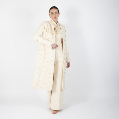 Ecru White Lumiere Scalloped Wool Overcoat