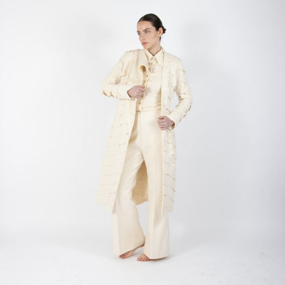 Ecru White Lumiere Scalloped Wool Overcoat
