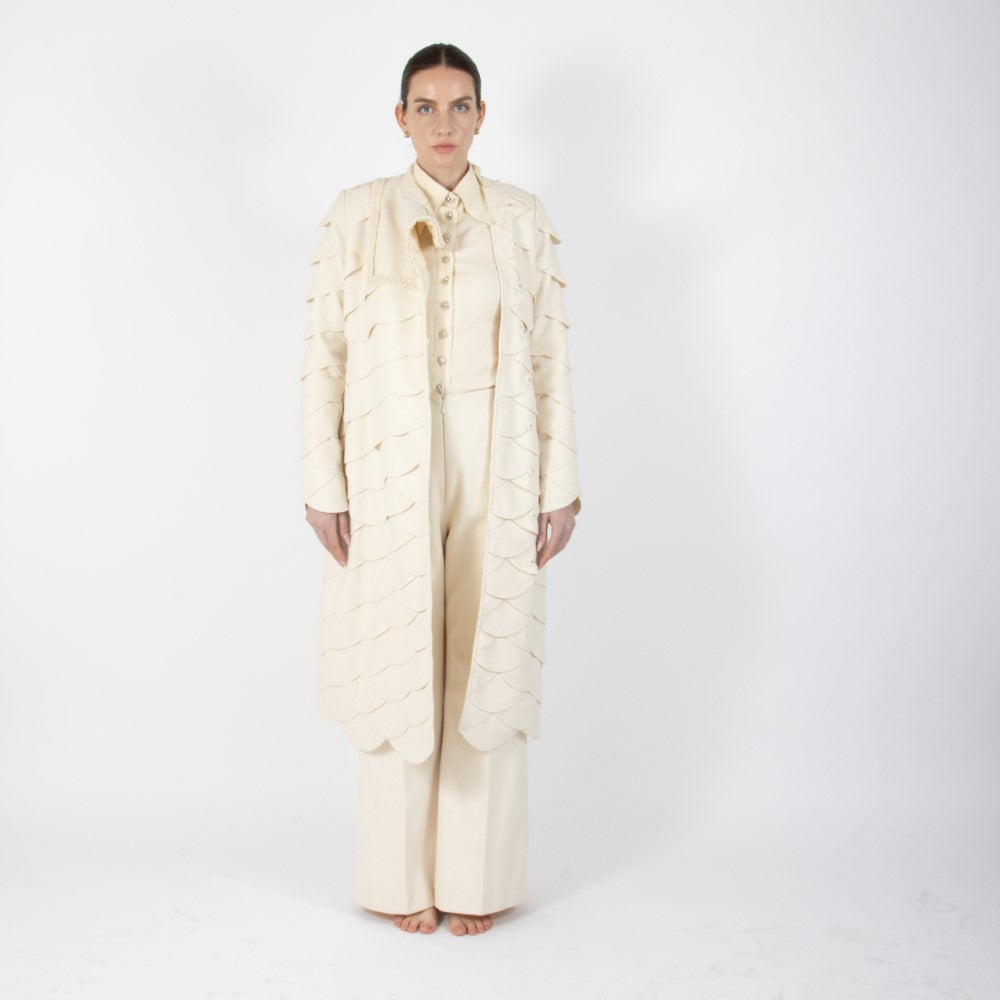 Ecru White Lumiere Scalloped Wool Overcoat