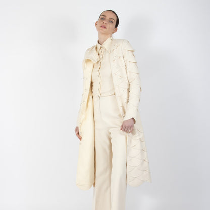 Ecru White Lumiere Scalloped Wool Overcoat