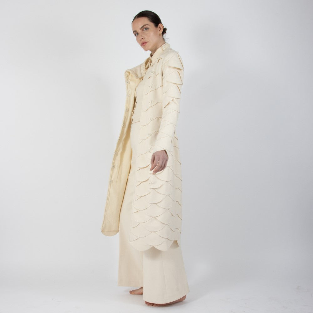 Ecru White Lumiere Scalloped Wool Overcoat