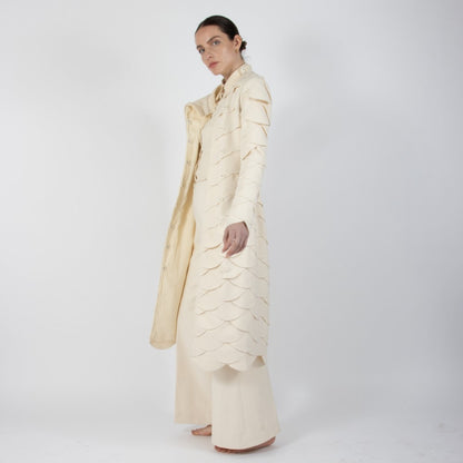 Ecru White Lumiere Scalloped Wool Overcoat