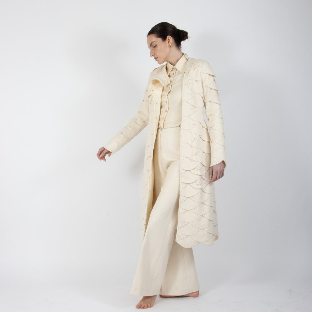 Ecru White Lumiere Scalloped Wool Overcoat