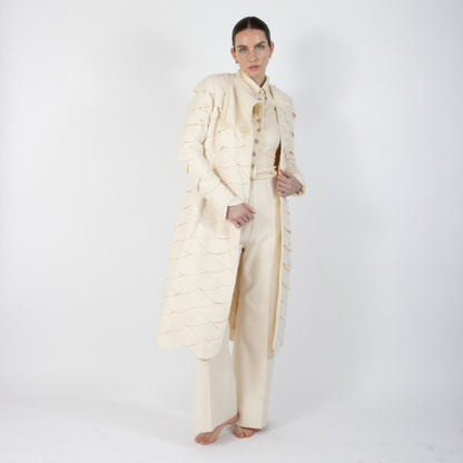 Ecru White Lumiere Scalloped Wool Overcoat