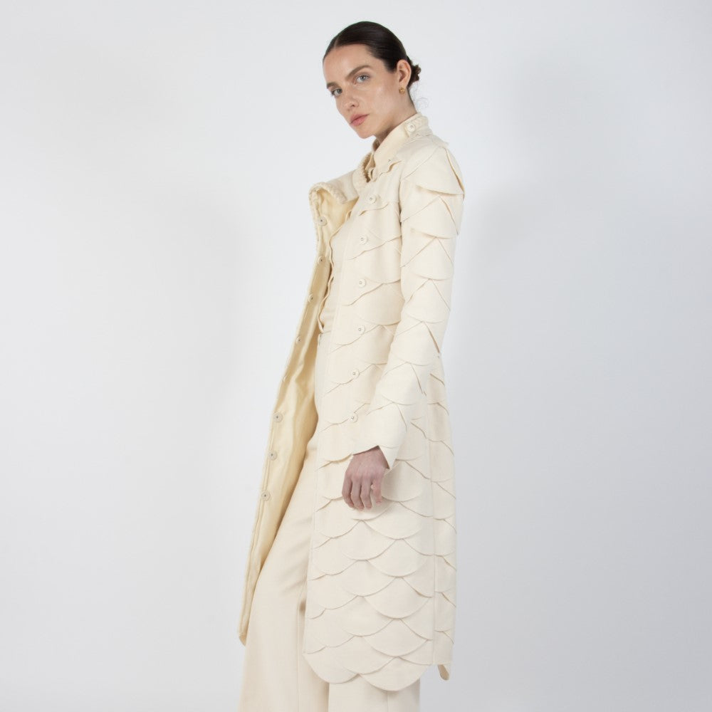 Ecru White Lumiere Scalloped Wool Overcoat
