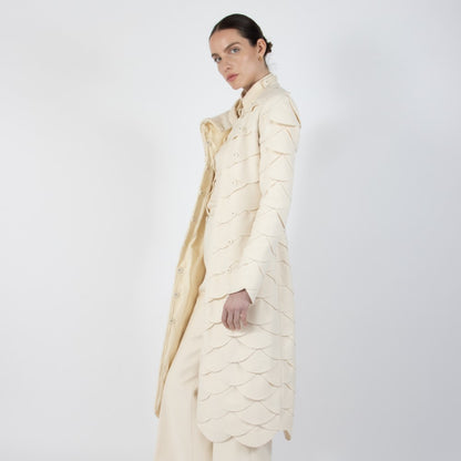 Ecru White Lumiere Scalloped Wool Overcoat