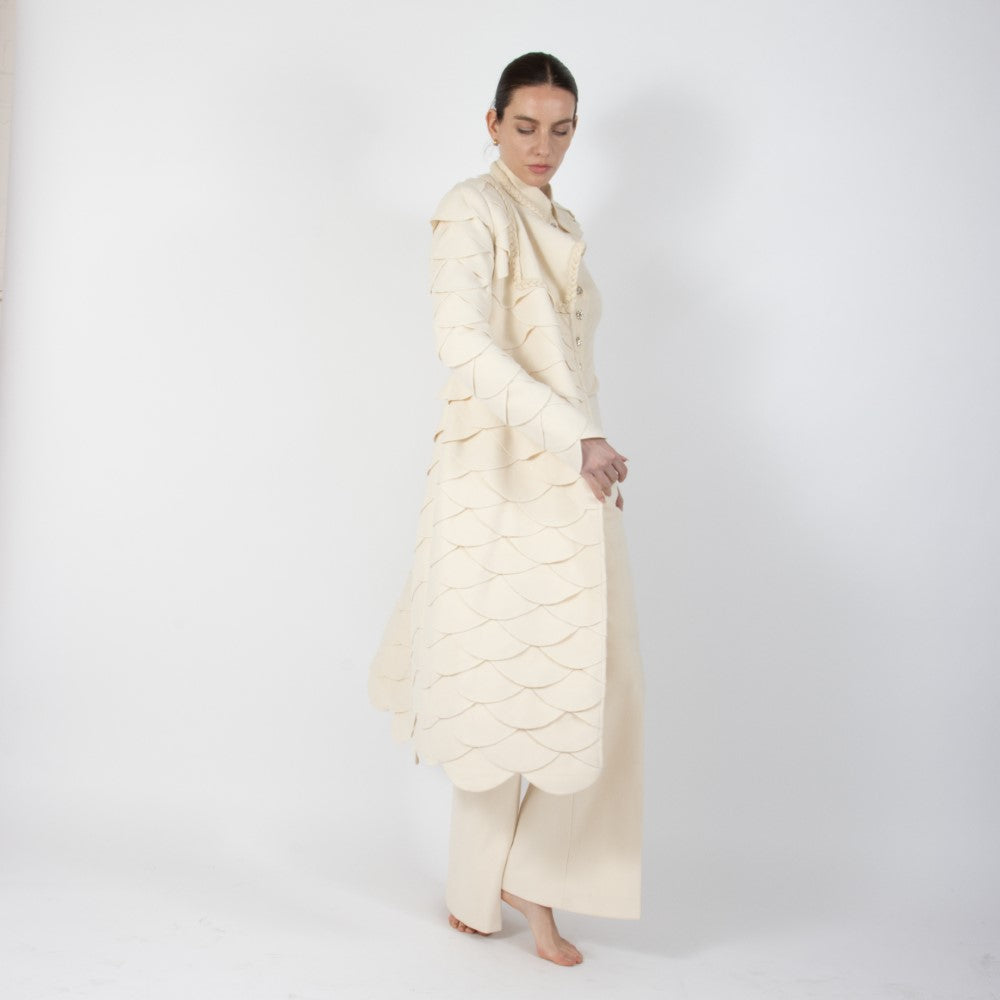 Ecru White Lumiere Scalloped Wool Overcoat
