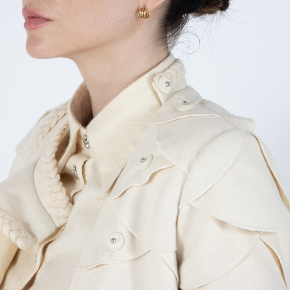 Ecru White Lumiere Scalloped Wool Overcoat