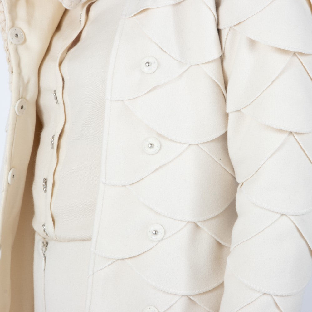 Ecru White Lumiere Scalloped Wool Overcoat
